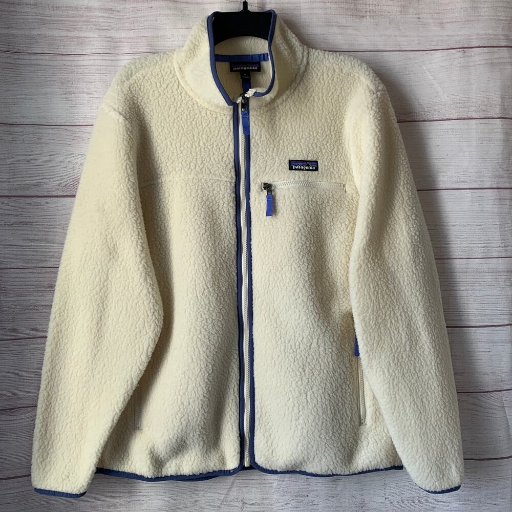 Patagonia Women's Retro Pile Fleece Jacket Natural with Blue Trim Size XL